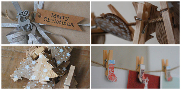 Houten knijpers & labels voor kerst.