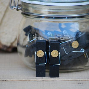 Mini knijpers zwart met punaise in pot | Knijpertjes